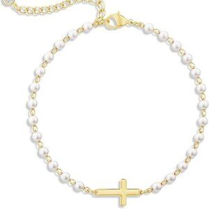 925 Sterling Silver CZ Bracelet - Pearl Cross Bracelet Gold